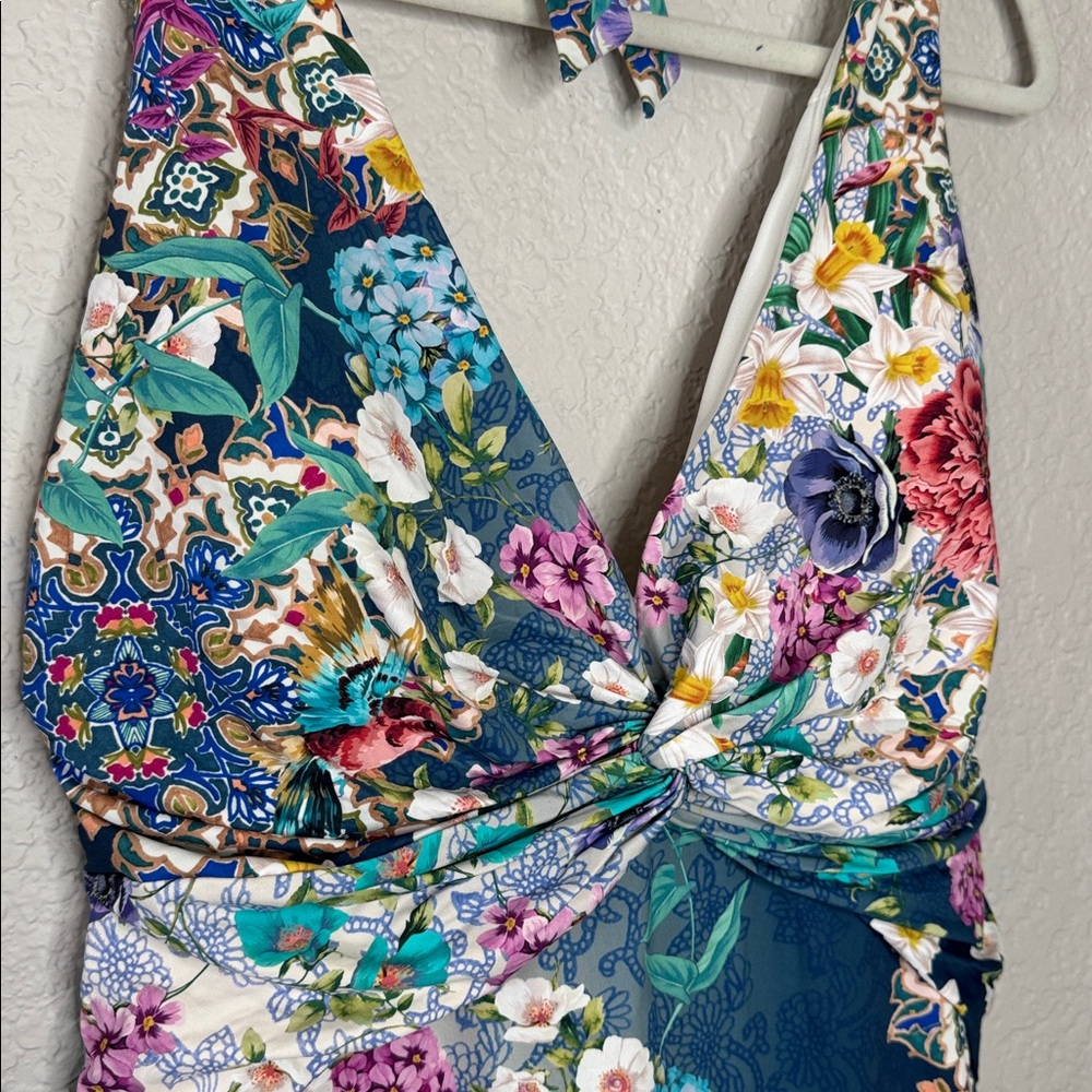 Johnny Was Blue Sady Twist-Front One Piece Swimsuit V Neck Halter 3X XL - Picture 4 of 9